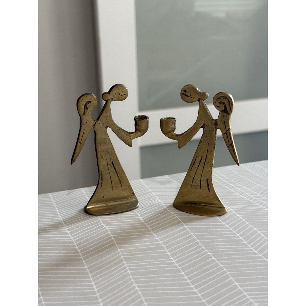 Vintage Pair Solid Brass Mini Angel Candle Stick Holder Mini Taper 3.75" Tall